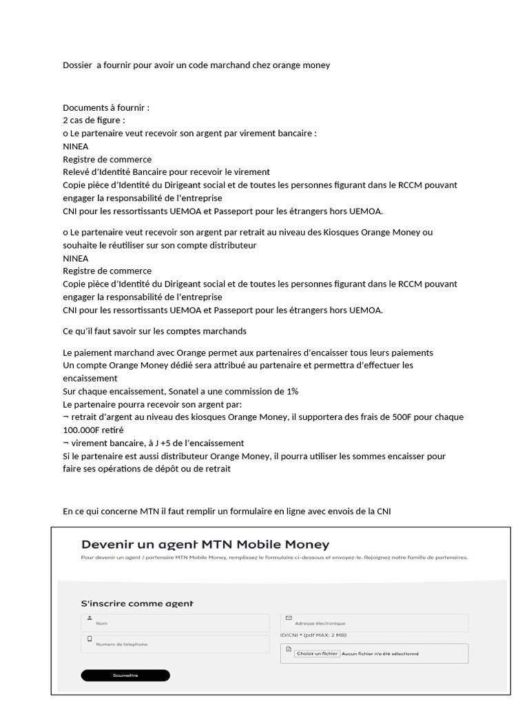 Obtenir un code marchand Orange Money | PDF