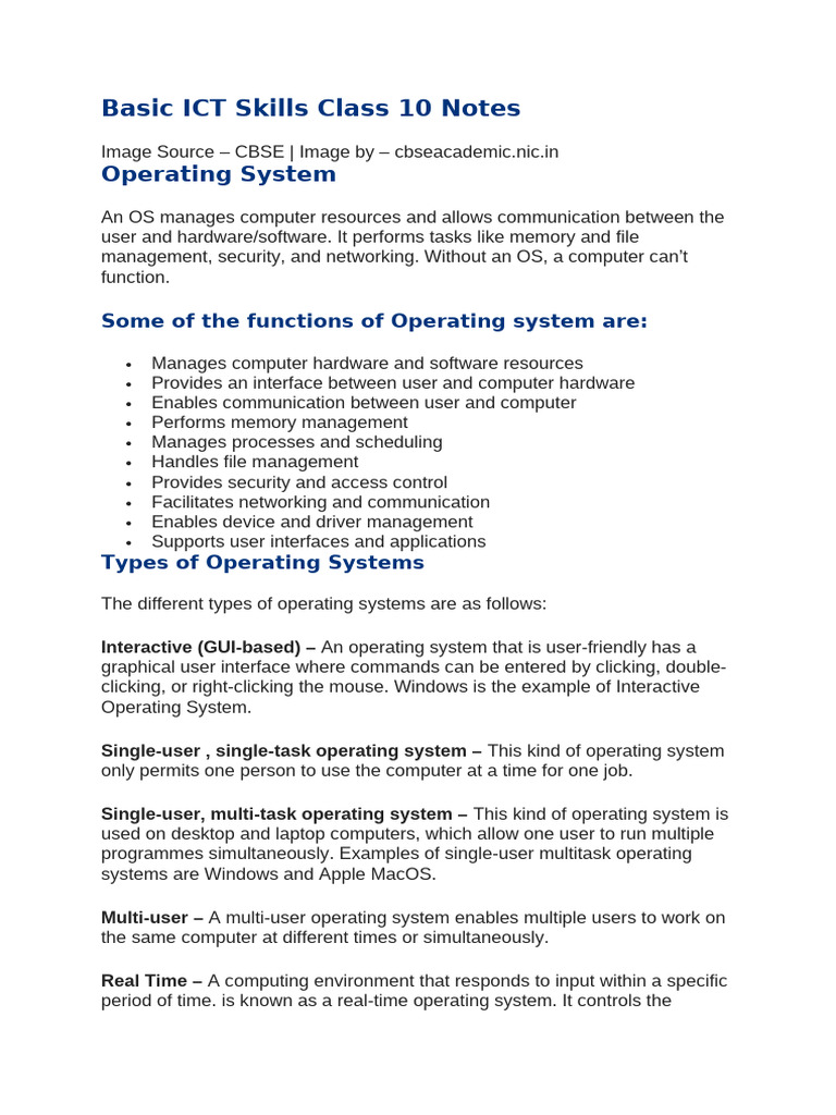 Basic ICT Skills Class 10 Notes | PDF | Operating System | Computer File