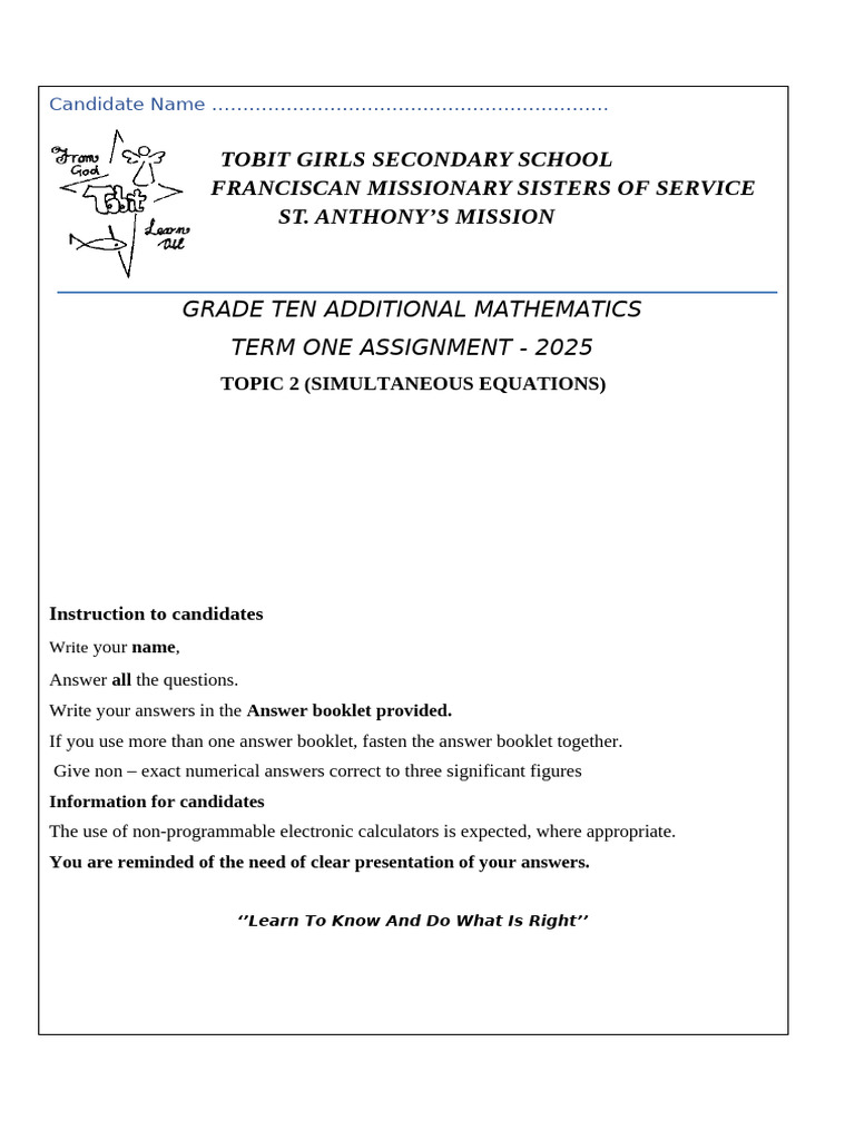 Additiona Mathematics Assignment 1 Simultaneous Equations | PDF | Area ...