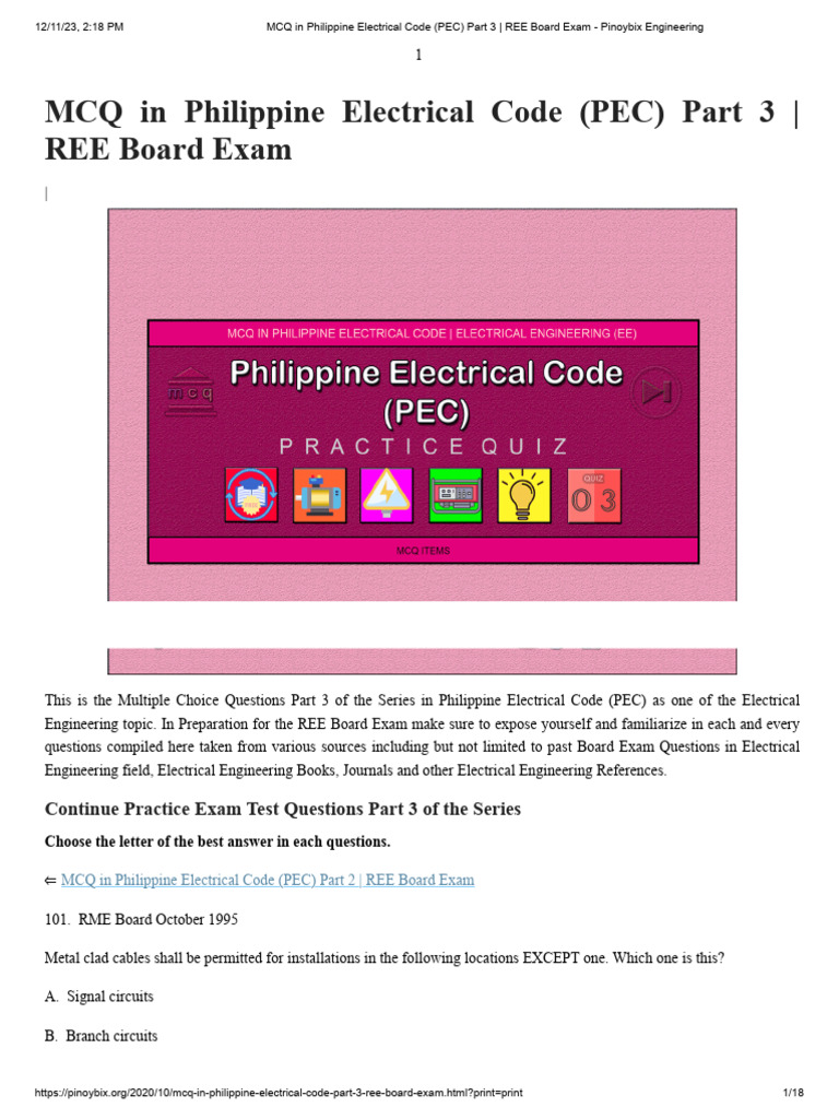 PEC Part 3 MCQs for REE Exam Prep | PDF | Electrical Wiring | Insulator ...