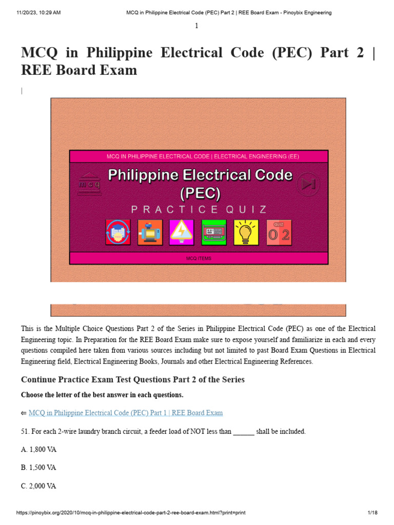 PEC Part 2 MCQs for REE Exam Prep | PDF | Electrical Wiring | Insulator ...