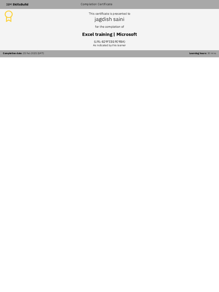 Excel Training Completion Certificate | PDF