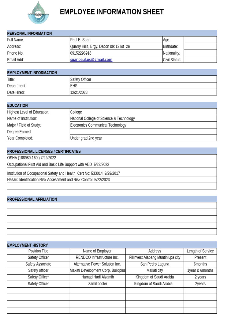 Employee Profile: Paul E. Suan | PDF | Occupational Safety And Health ...