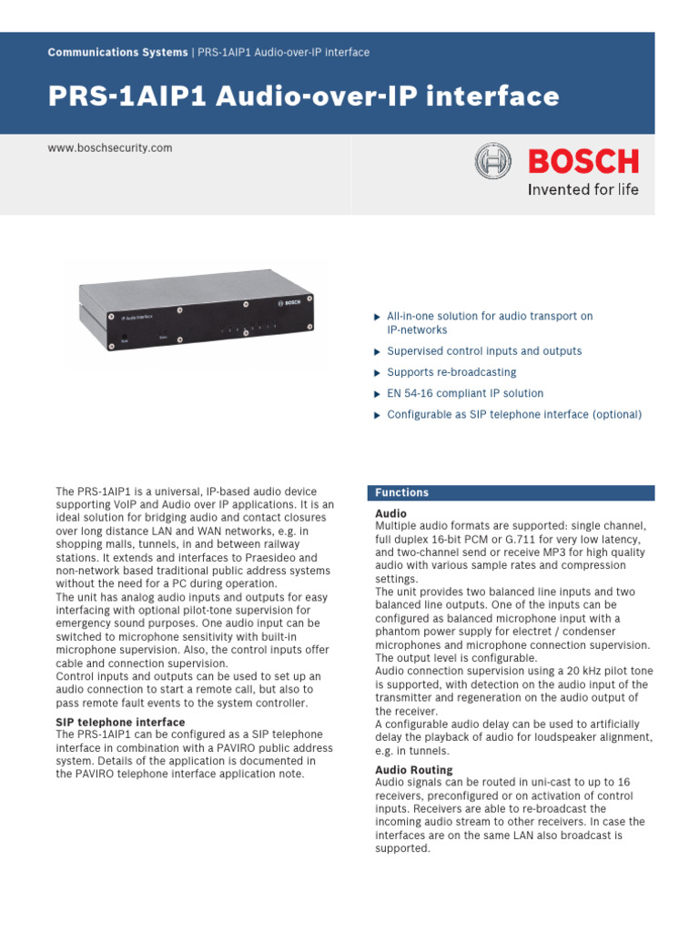 Bosch PRS-1AIP1 Audio-over-IP Interface | PDF | Microphone | Digital Audio