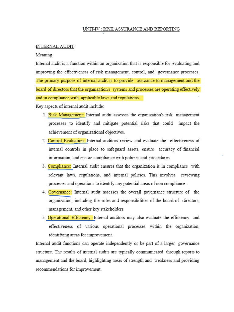 Unit 4) Risk Assurance & Reporting | PDF | Internal Audit | Internal ...