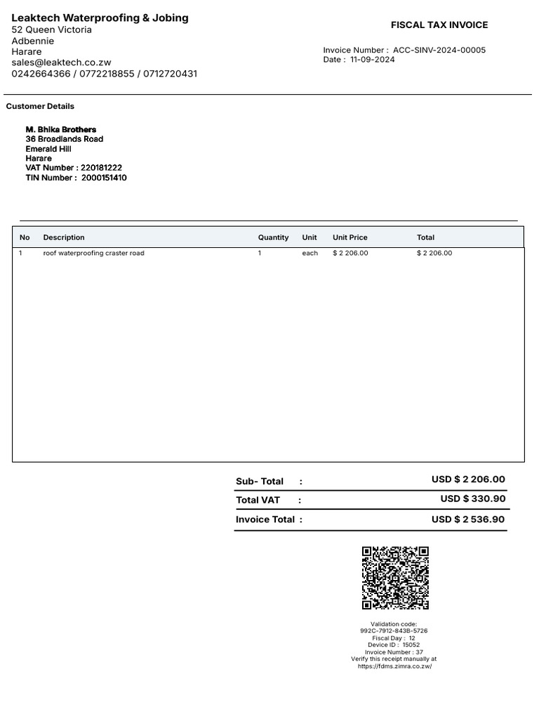 Bhika Bros Craster Road Invoice | PDF