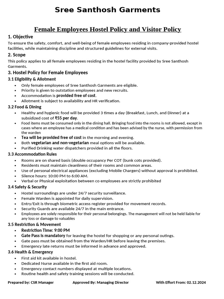 Female Employees Hostel Guidelines | PDF