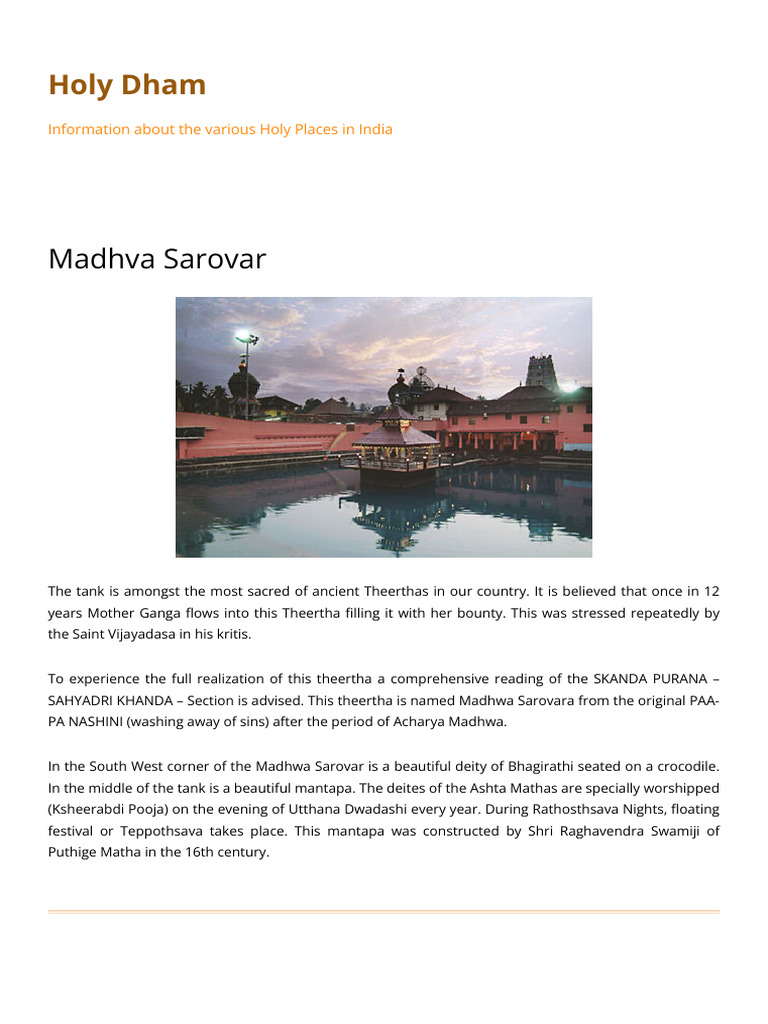 Madhva Sarovar - Holy Dham | PDF