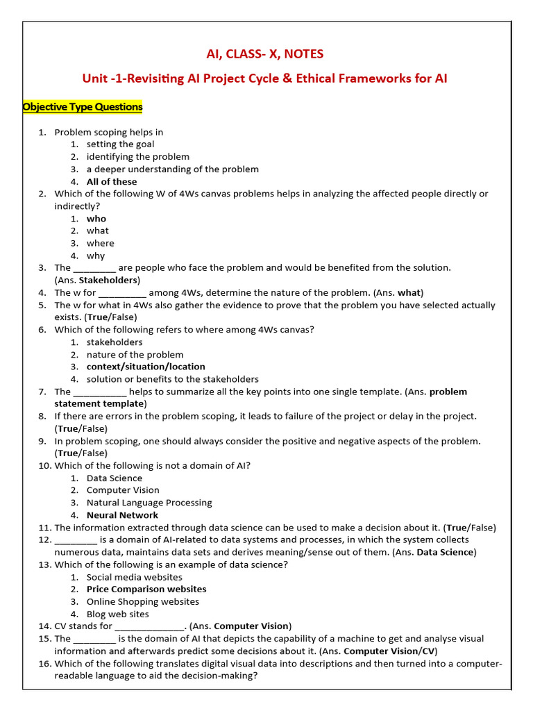 AI Project Cycle & Ethics for Class 10 | PDF | Artificial Intelligence ...