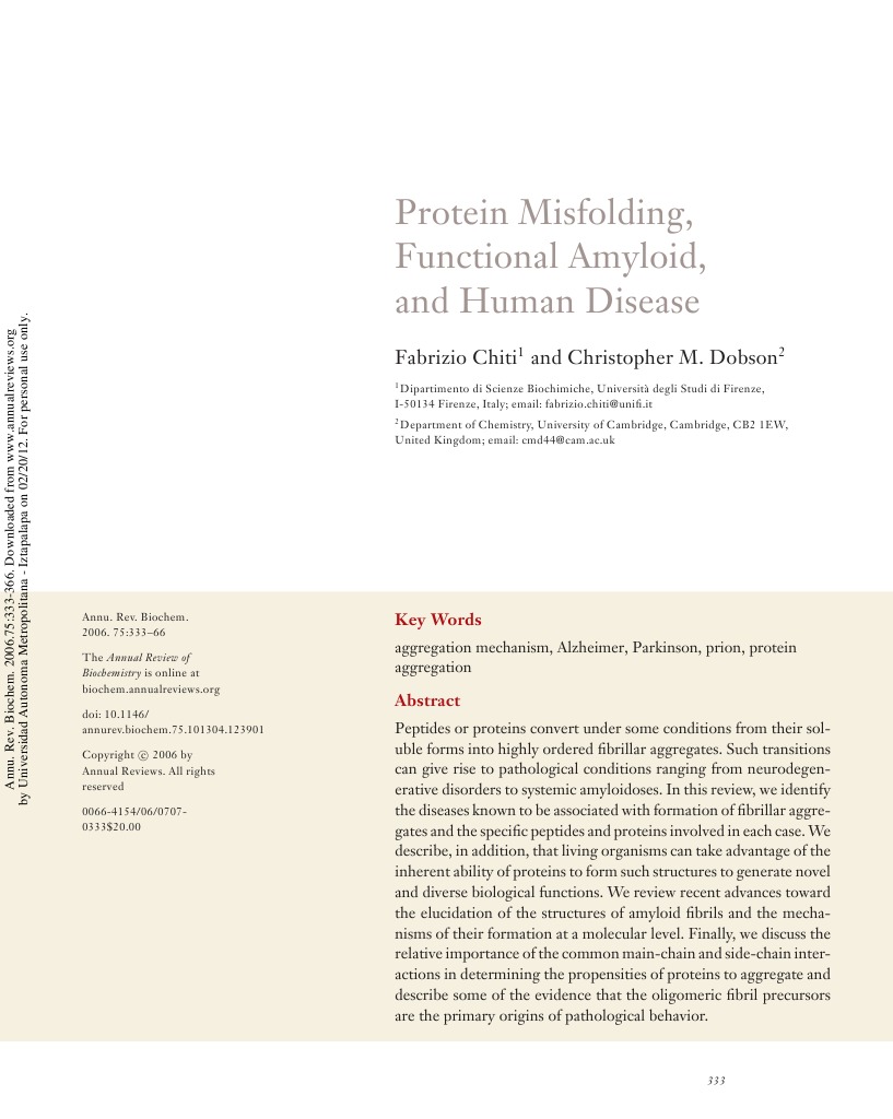 Protein Misfolding Functional Amyloid, and Human Disease 2006 PDF