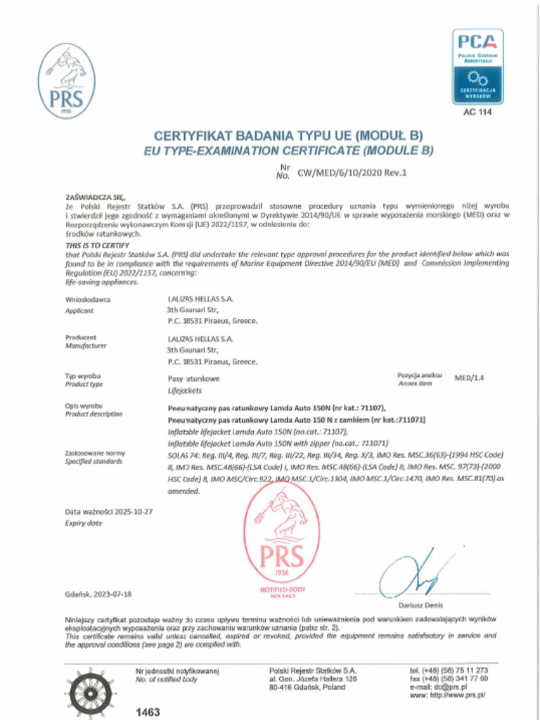 Inflatable Lifejacket Lamda Auto 150N SOLAS | PDF