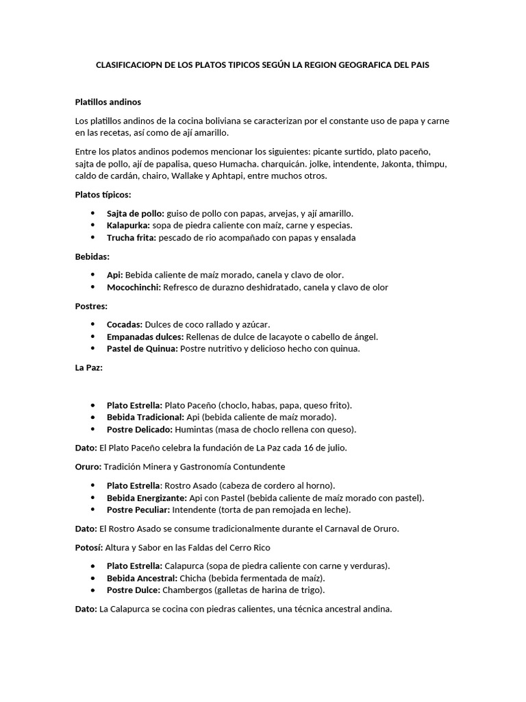 Clasificaciopn de Los Platos Tipicos Según La Region Geografica Del Pais |  PDF | Maíz | Bolivia