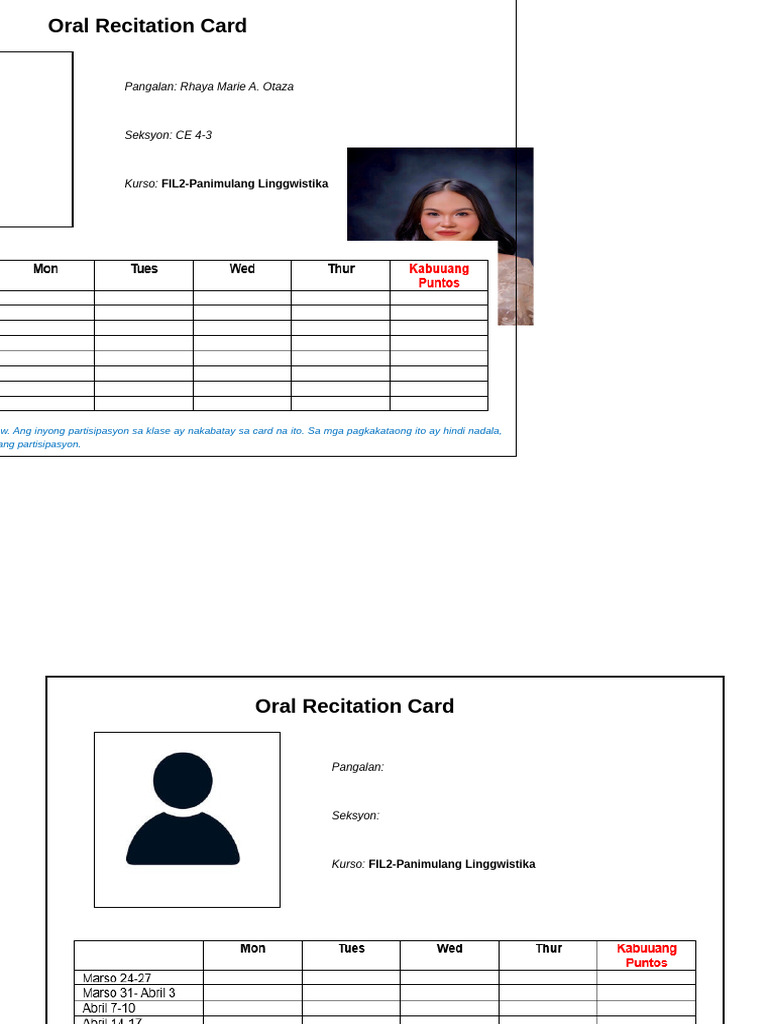 Oral Recitation Card | PDF