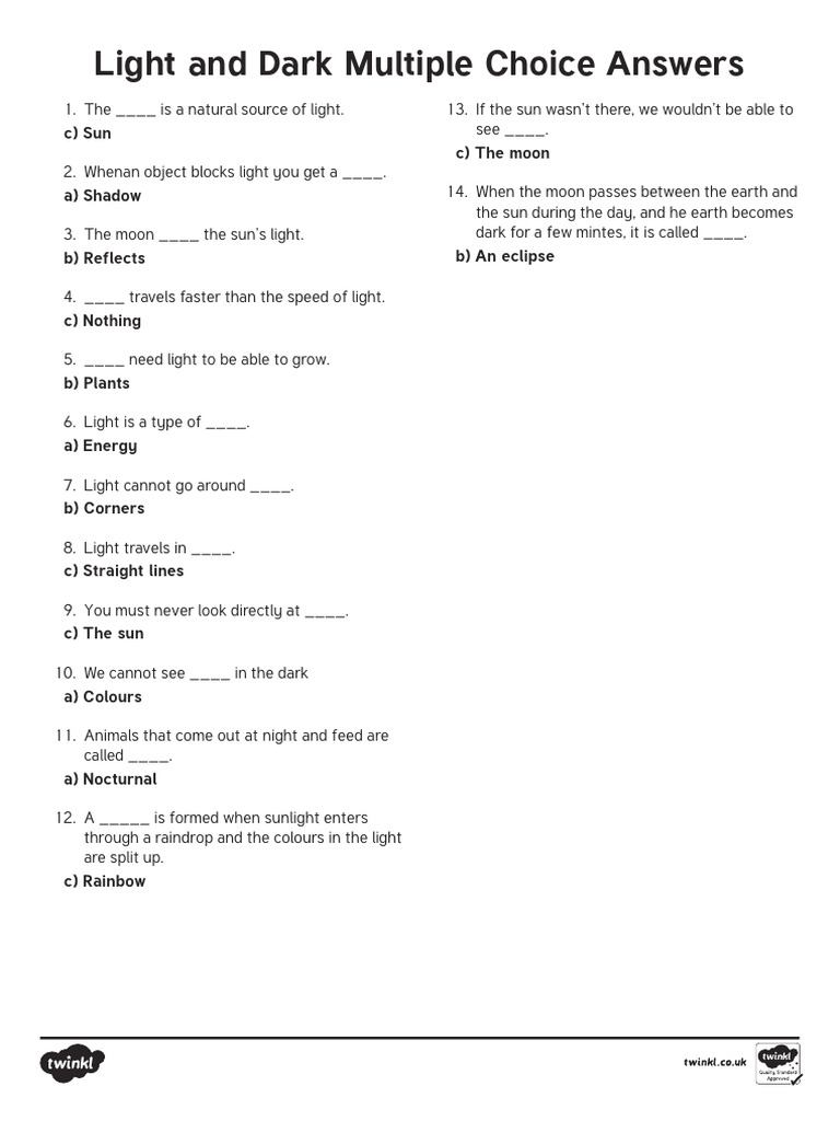 Light and Dark Quiz Answers | PDF