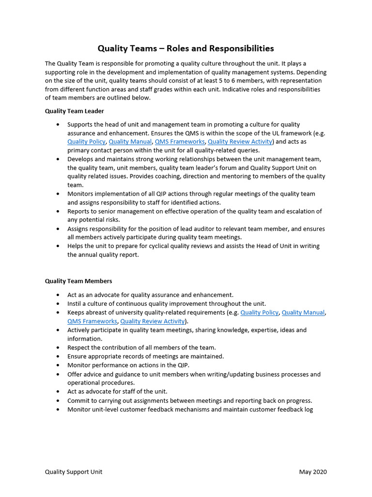 Quality Team Roles and Responsibilities Guide | PDF | Auditor's Report ...