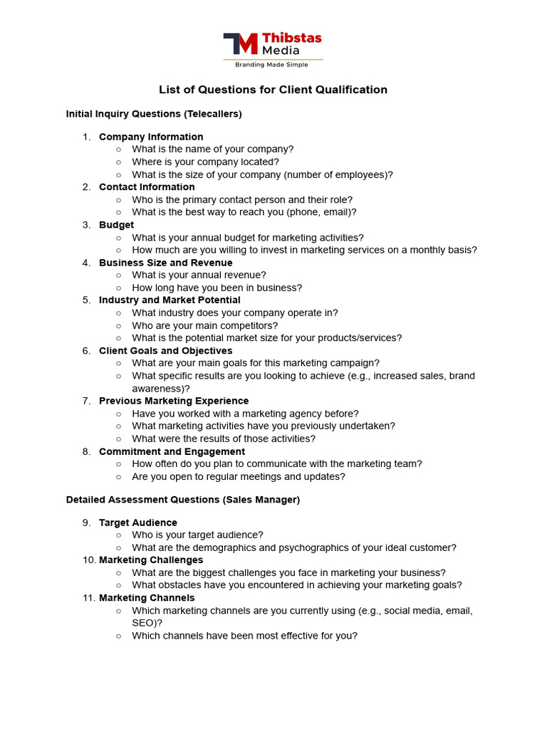 Client Qualification Questions Guide | PDF | Marketing | Mass Media