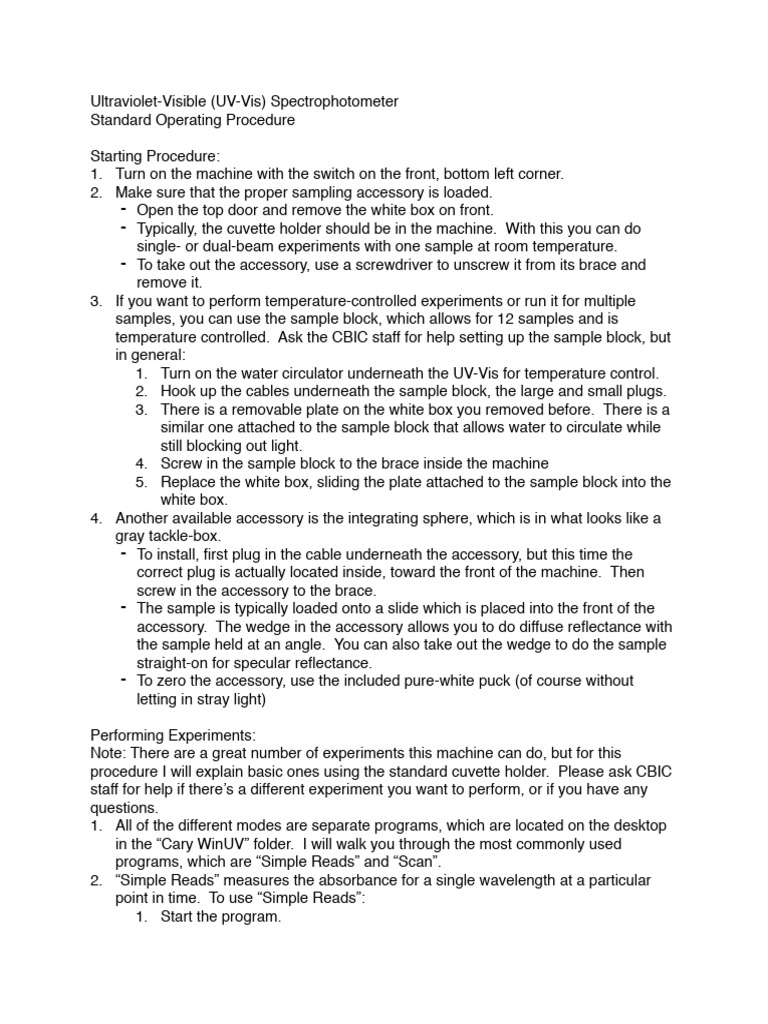 UV-Vis Spectrophotometer SOP Guide | PDF | Absorbance | Ultraviolet ...