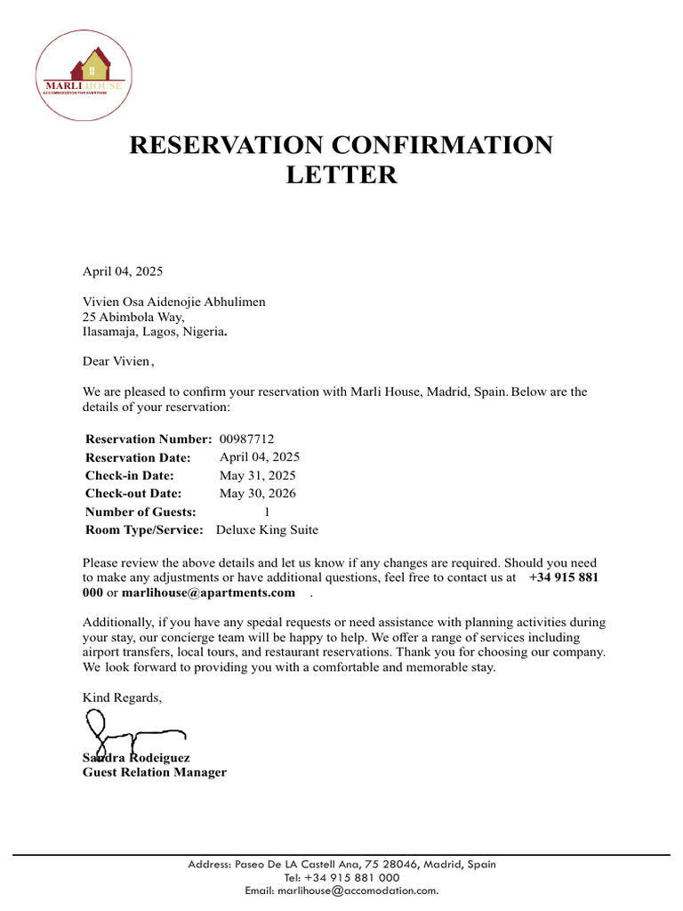 Marli House Reservation Confirmation | PDF