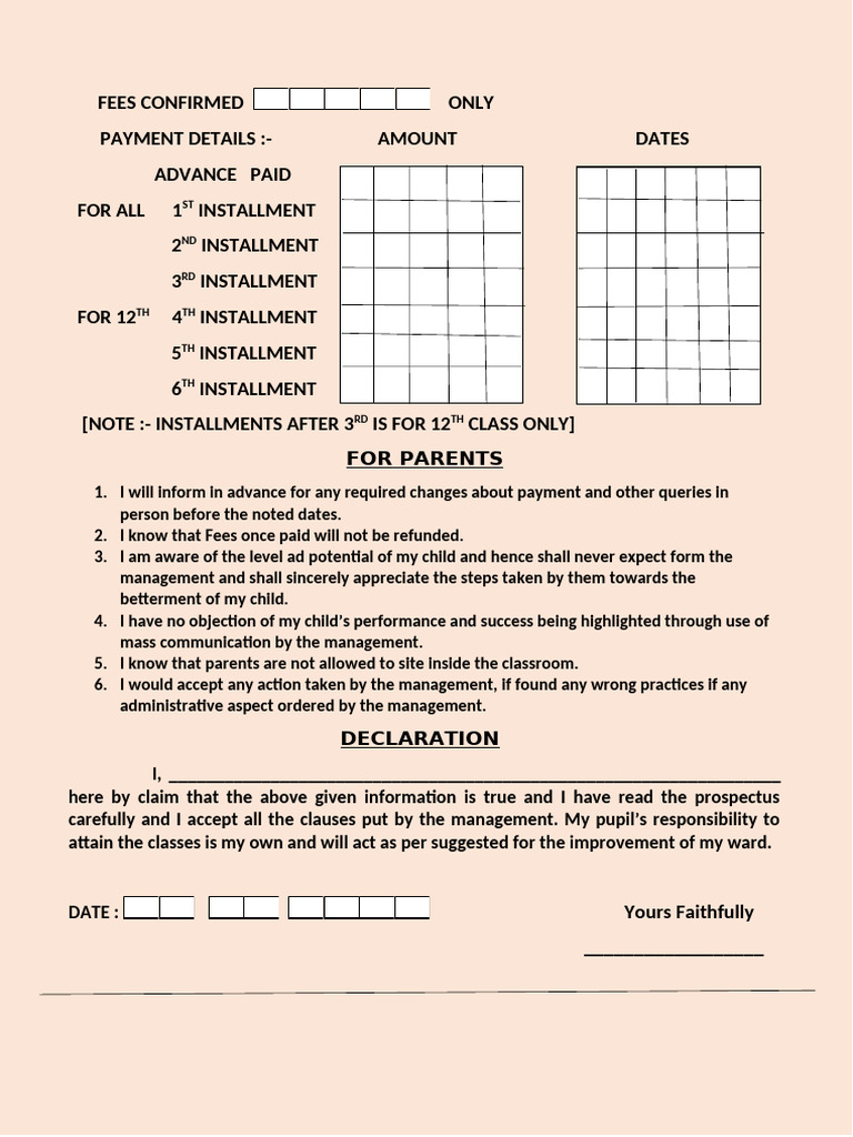 Coaching Admission Form Guidelines | PDF