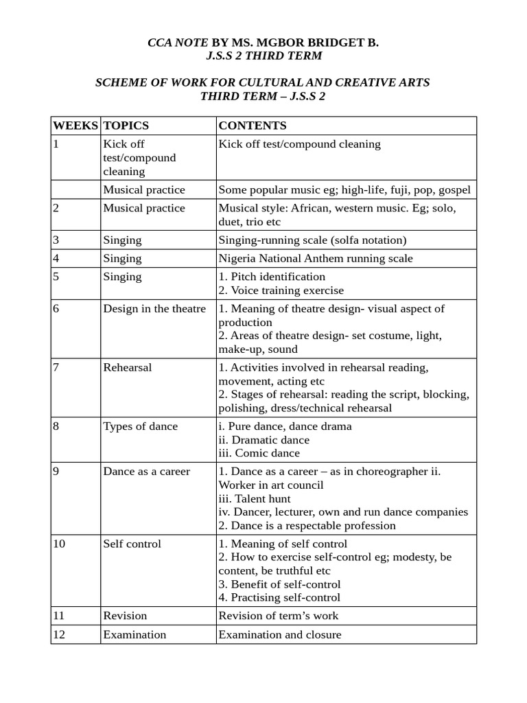 JSS2 CCA Third Term Lesson Notes | PDF | Scale (Music) | Pitch (Music)