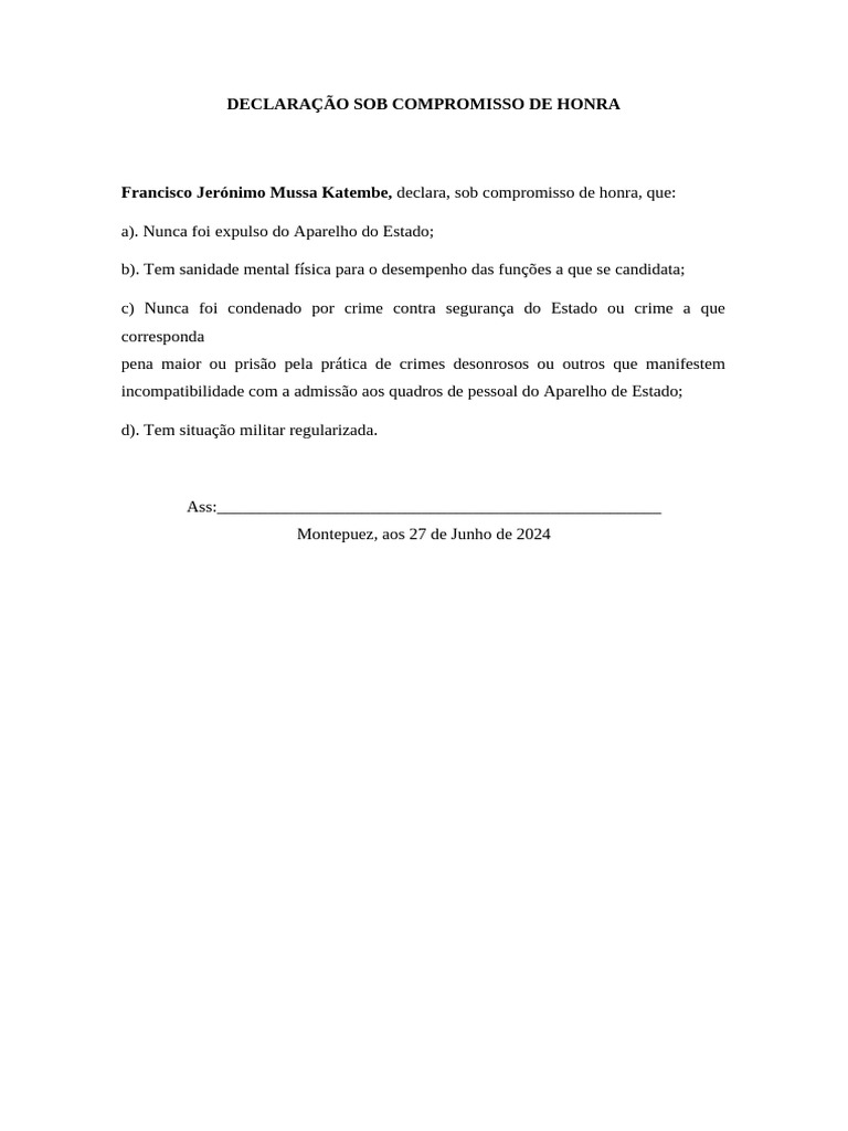 Declaração de Compromisso de Honra | PDF