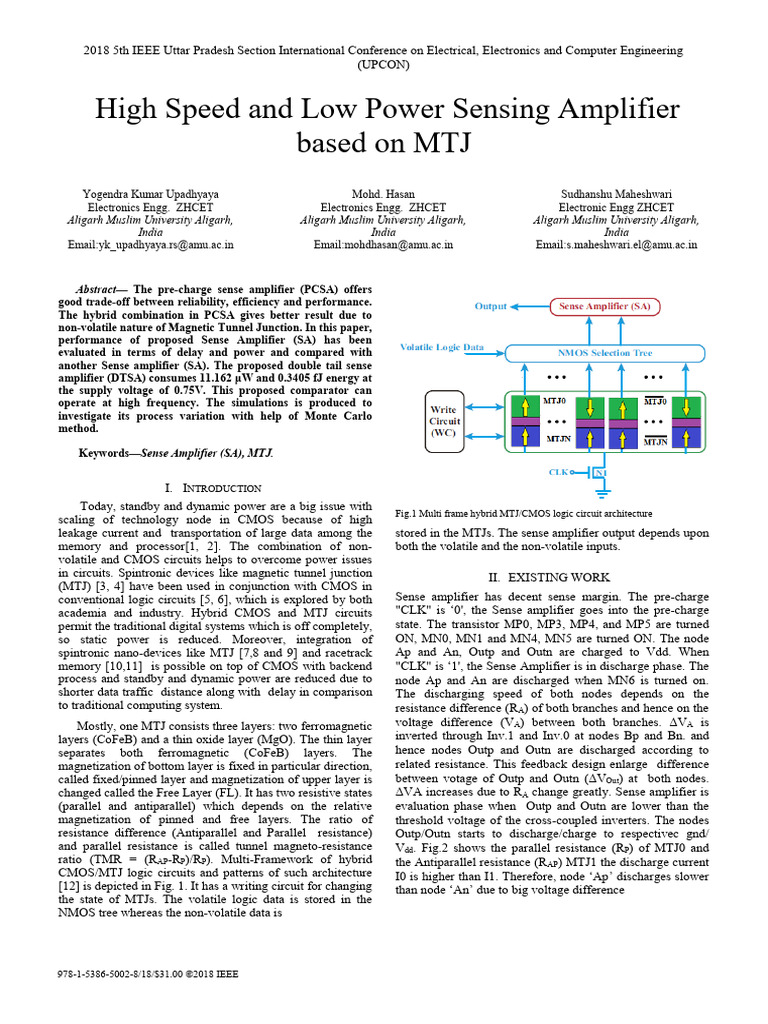 High Speed and Low Power Sensing Amplifier Based On MTJ-1 | PDF | Cmos ...