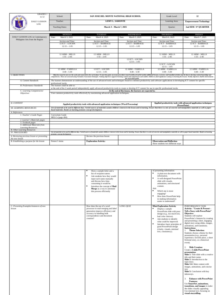 Daily Lesson Log: Empowerment Tech Grade 12 | PDF | Educational ...