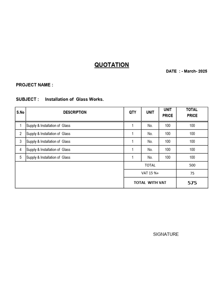 Quotation: Project Name: SUBJECT: Installation of Glass Works | PDF