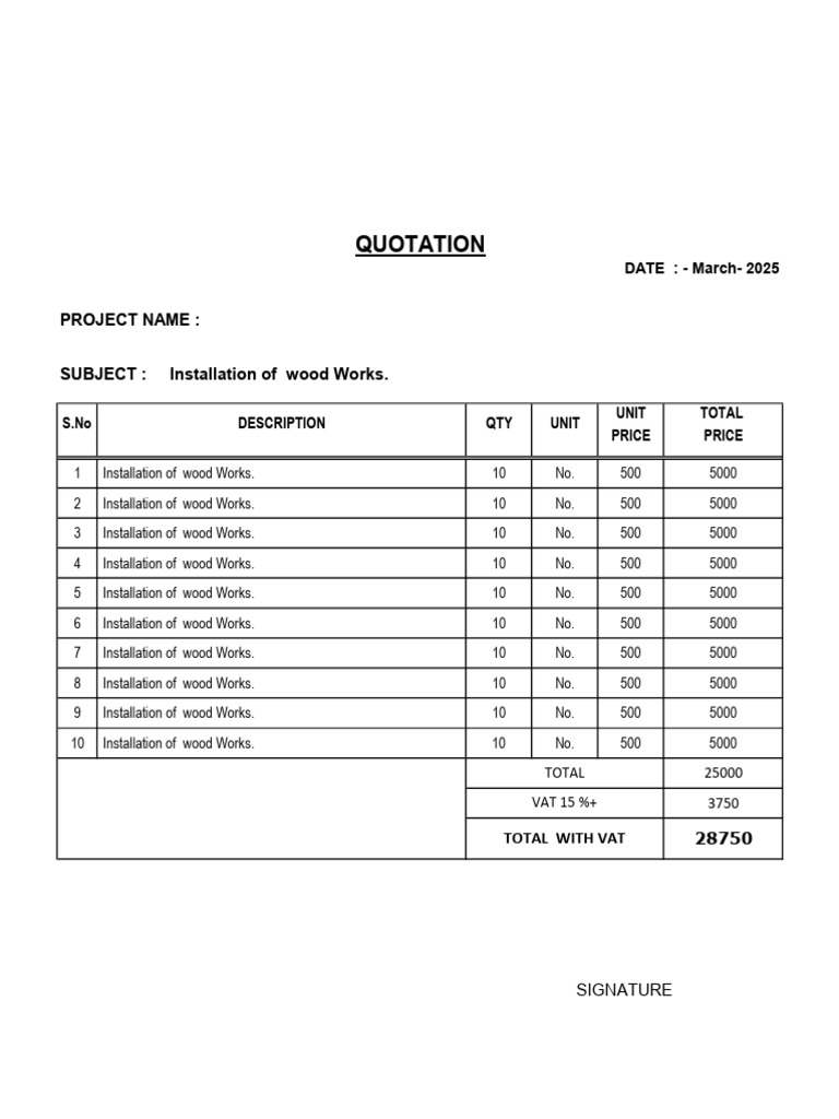 Quotation: Project Name: SUBJECT: Installation of Wood Works | PDF