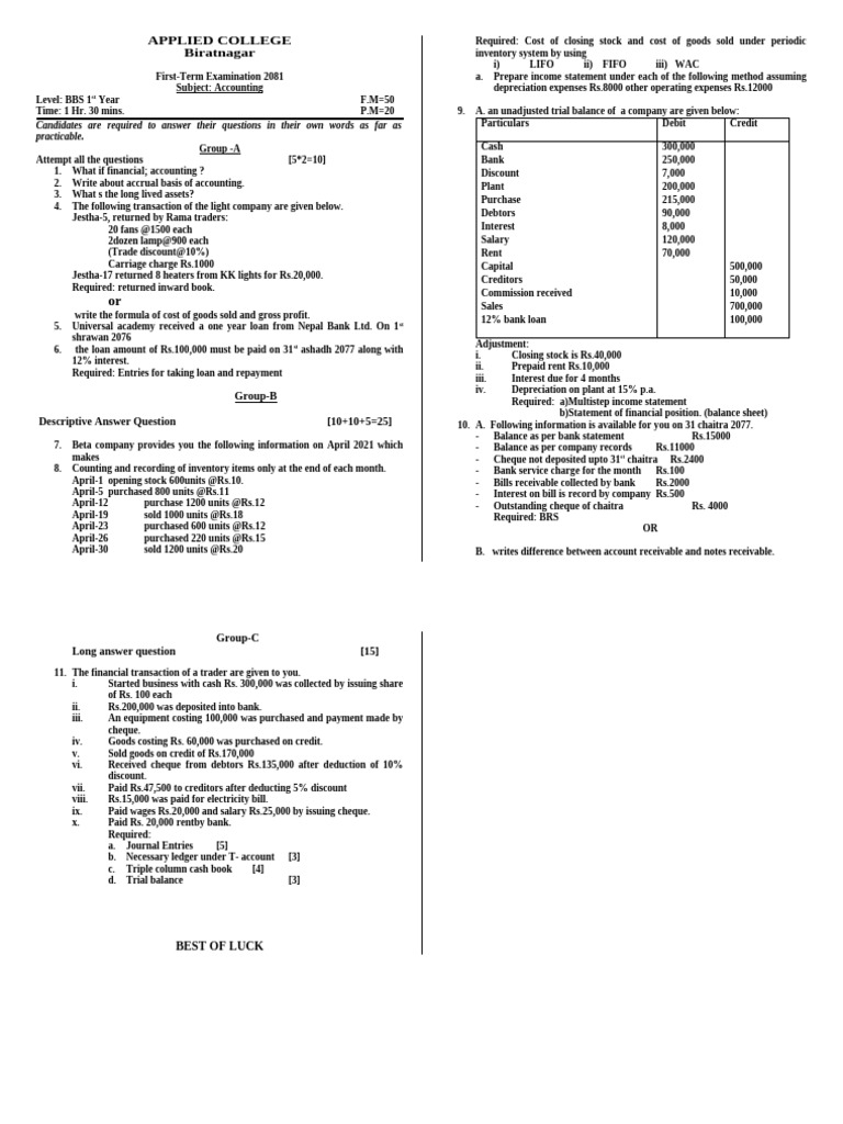 BBS 1st Year Accounting Exam 2081 | PDF | Debits And Credits | Cost Of ...