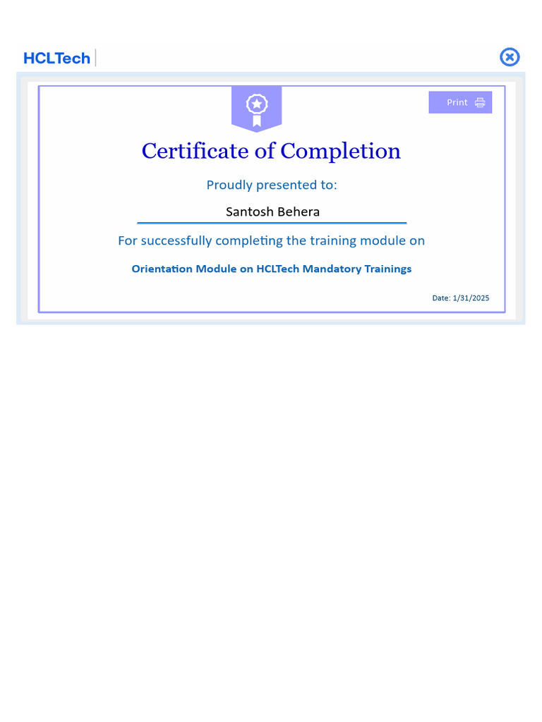 HCLTech Training Completion Certificate | PDF