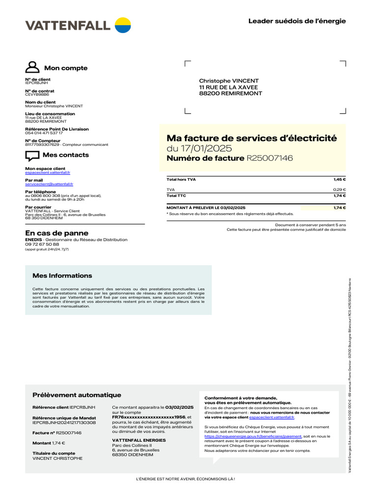 Facture Vattenfall : Détails et Paiement | PDF | Taxe sur la valeur ...