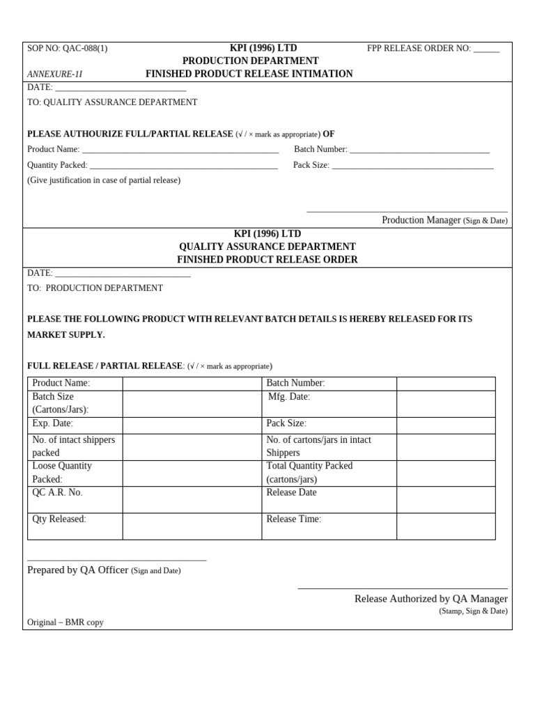 Finished Goods Release Authorization | PDF | Quality Management | Quality