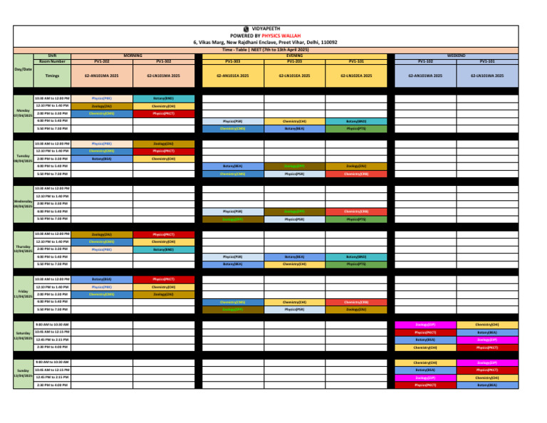 NEET - Time - Table - Week 15 - 7th April To 13th April 2025 | PDF