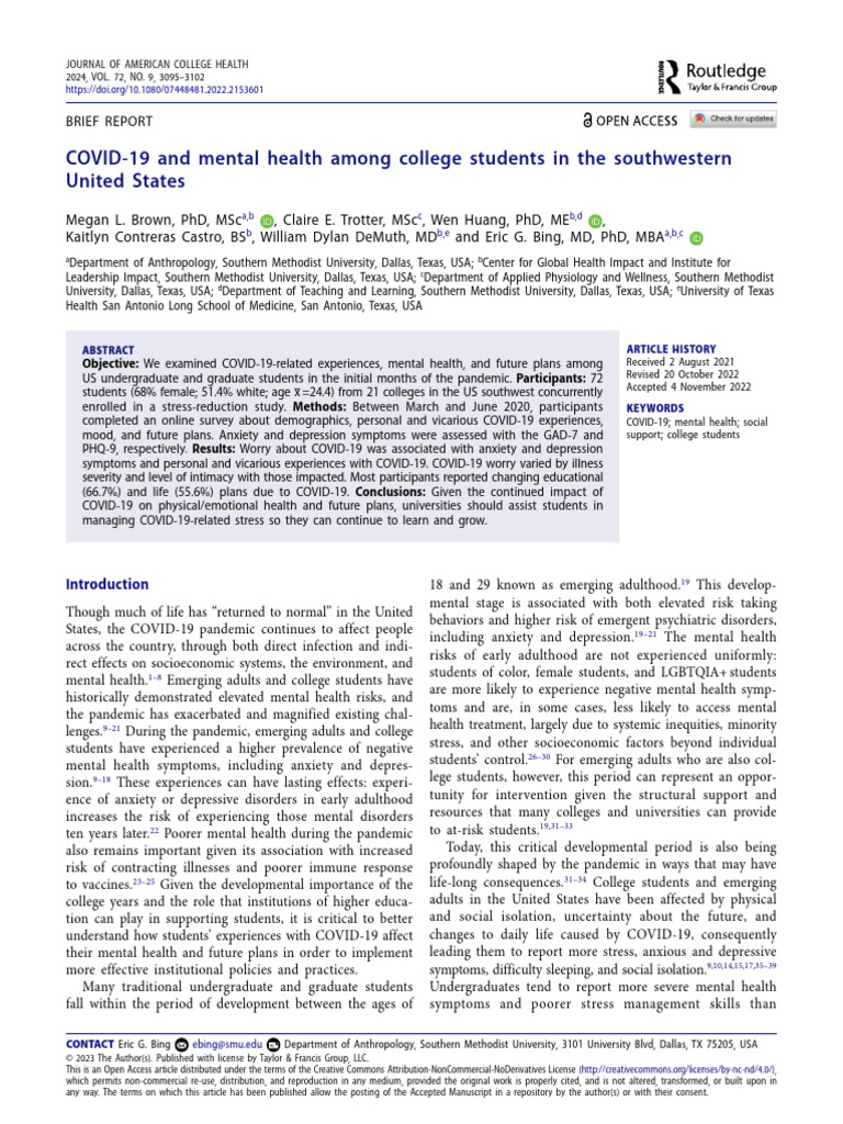 COVID-19 and Mental Health Among College Students in The Southwestern ...