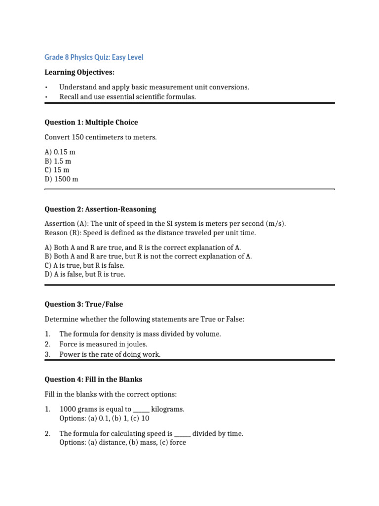 Grade 8 Physics Quiz: Easy & Medium Levels | PDF | Force | Mass