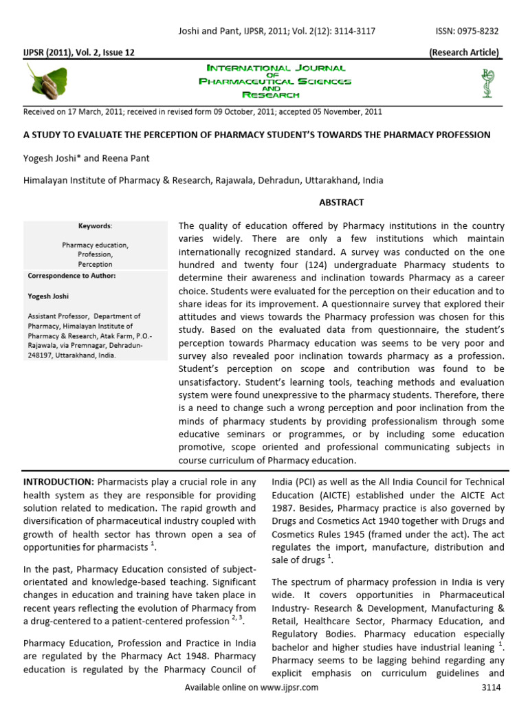 Pharmacy Students' Career Perceptions | PDF | Survey Methodology | Pharmacy