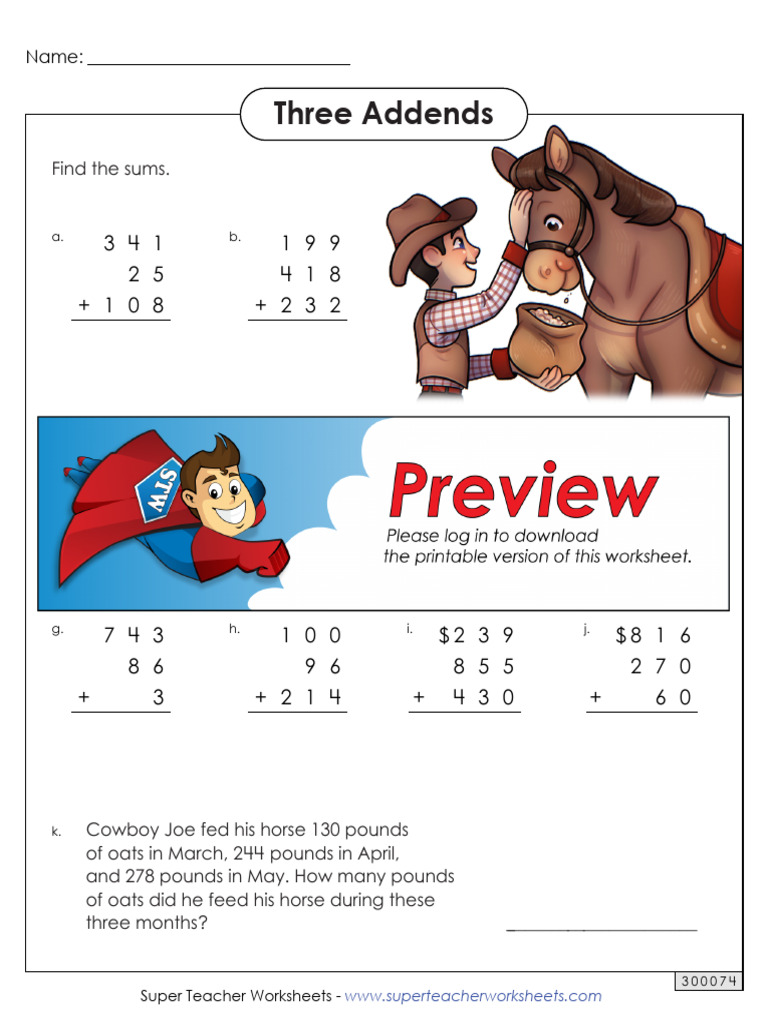 Three Addends Addition Worksheets | PDF