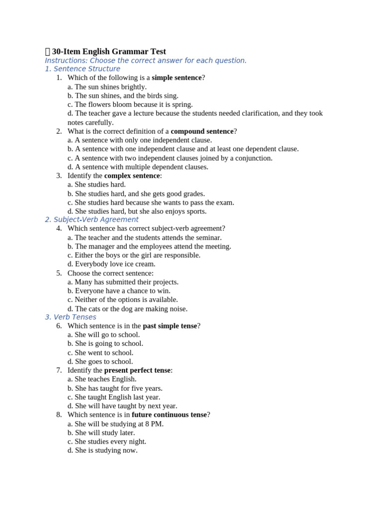English Grammar Test: 30 Questions | PDF | Verb | Linguistic Morphology