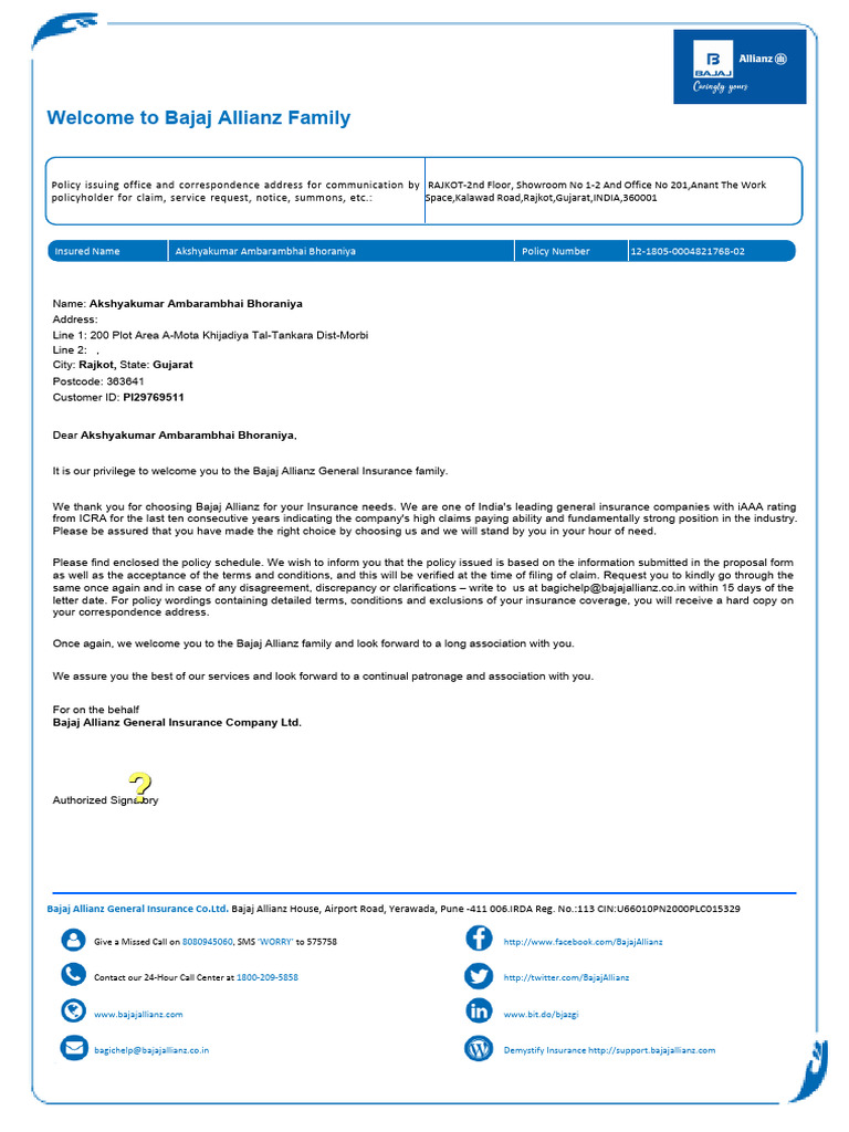 Bajaj Allianz Insurance Welcome Letter | PDF | Insurance | Liability ...