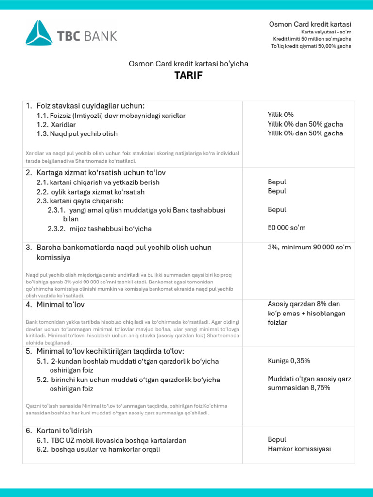 Osmon Credit Card Tariff UZB 26112024 | PDF