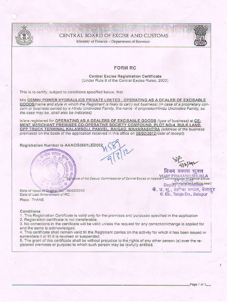 Central Excise Registration Certificate | PDF
