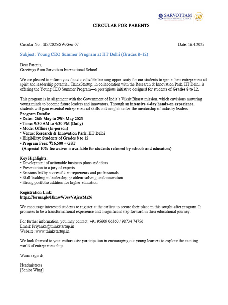 Sarvottam Young CEO Summer Program Circular | PDF