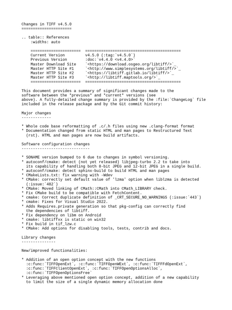 TIFF v4.5.0 Changes: RST Format Update | PDF | Software Engineering ...