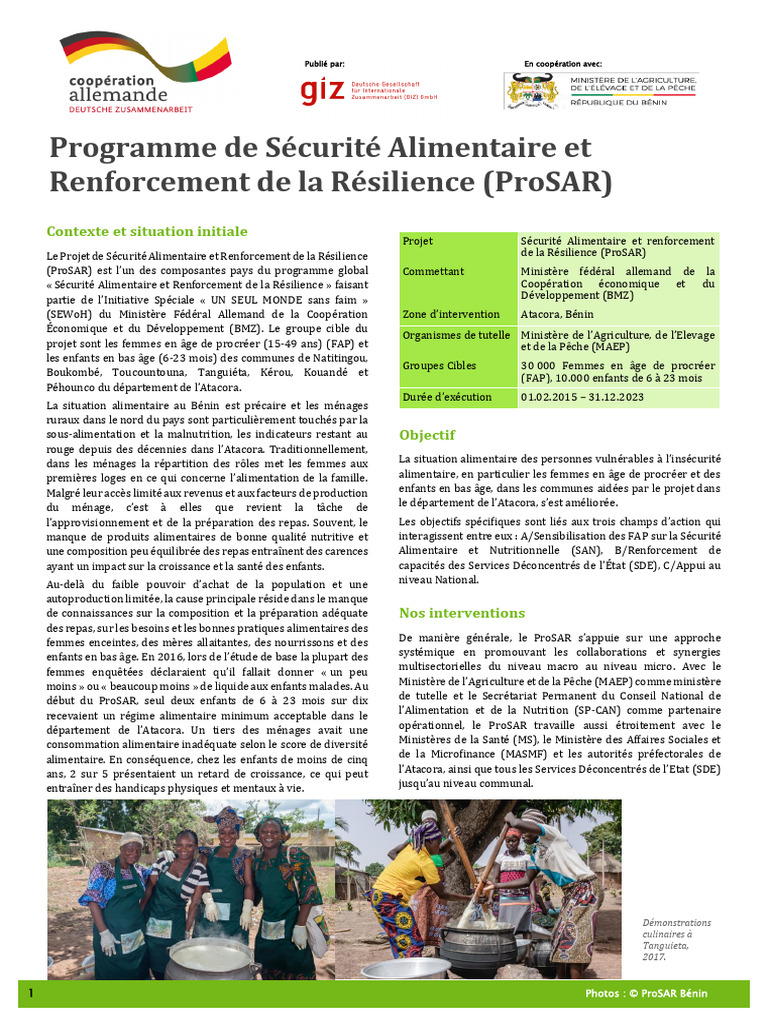 ProSAR : Amélioration nutritionnelle au Bénin | PDF | Sécurité ...