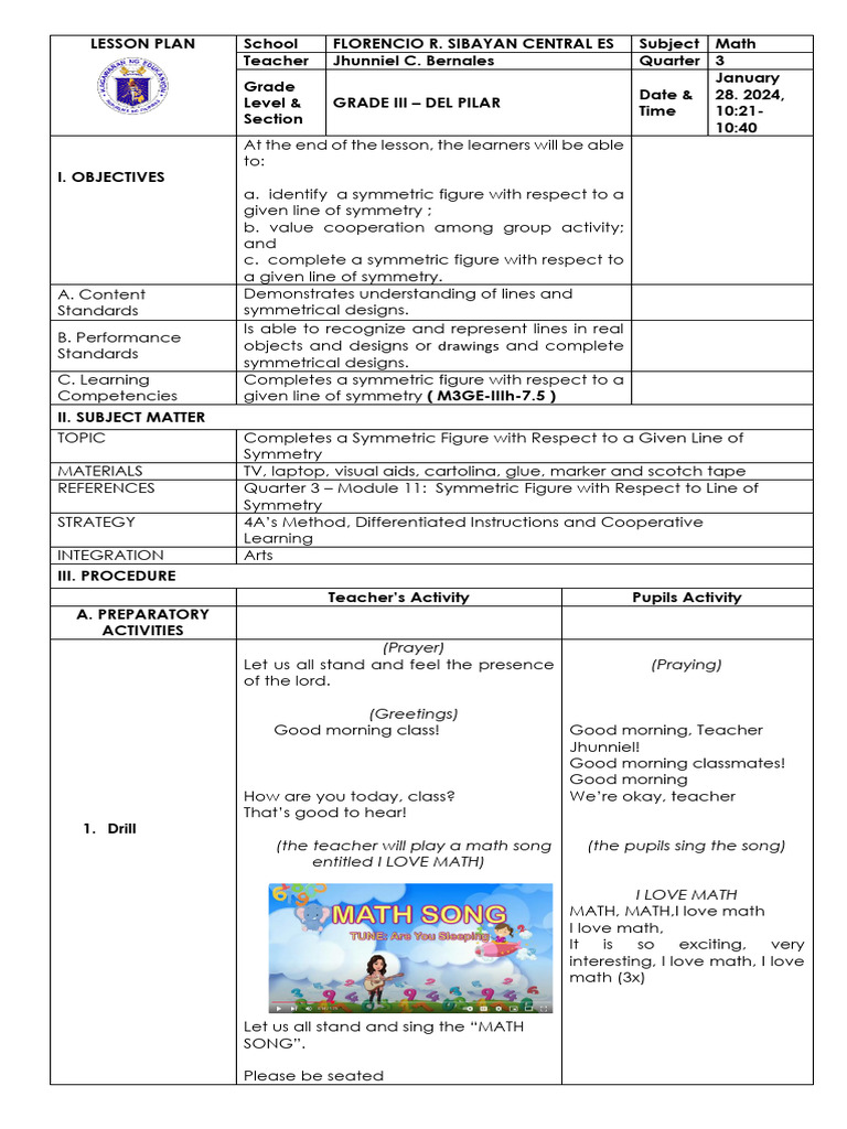 Symmetric Figures Lesson Plan for Grade 3 | PDF | Symmetry | Human ...