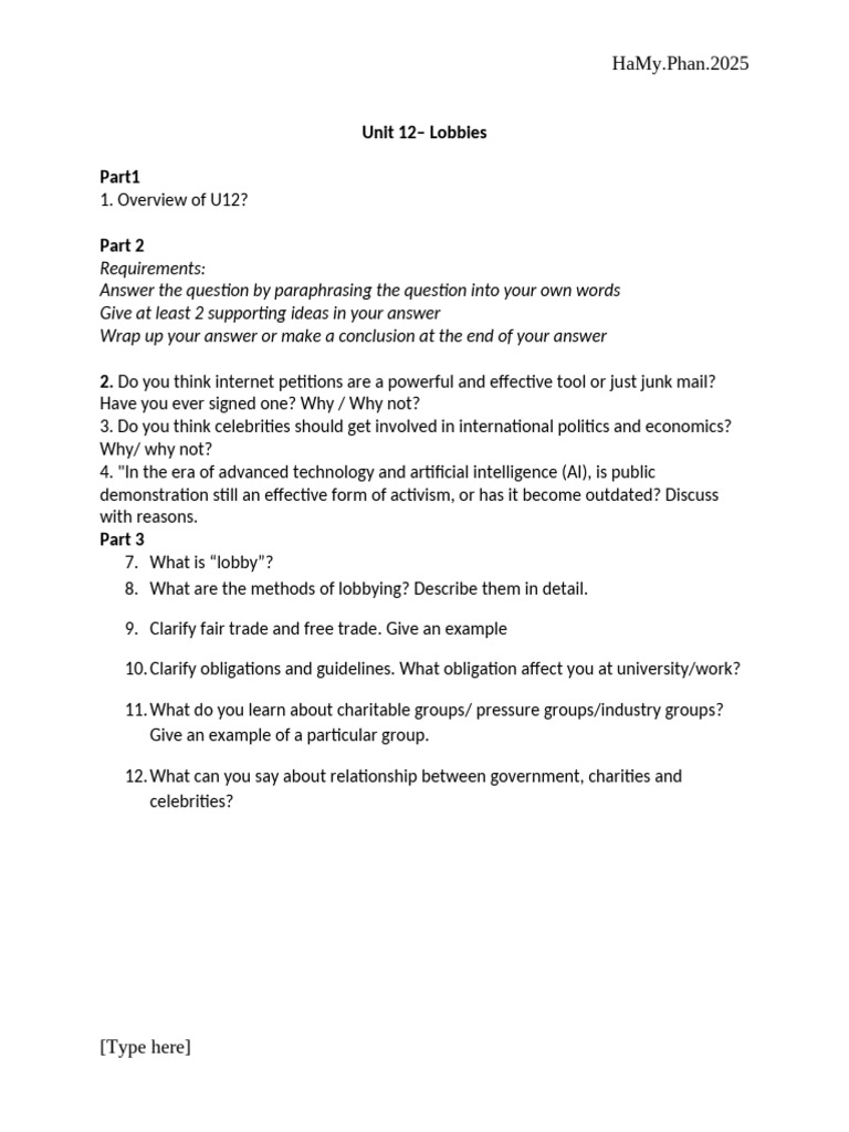 Unit 12: Lobbies and Activism Insights | PDF