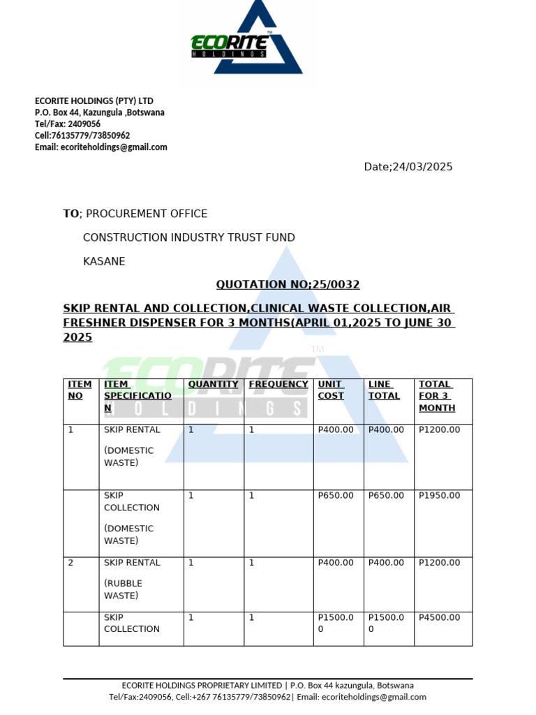 Skip Rental and Waste Collection Quotation | PDF