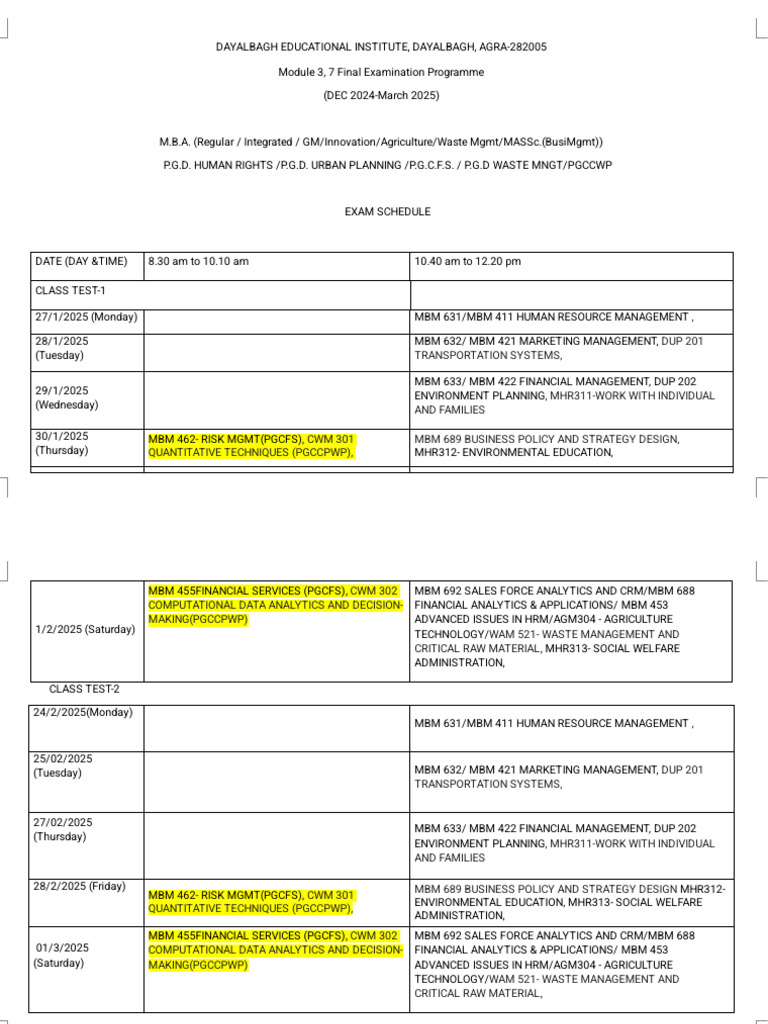 DEI MBA Exam Schedule Dec 2024-March 2025 | PDF | Analytics | Business