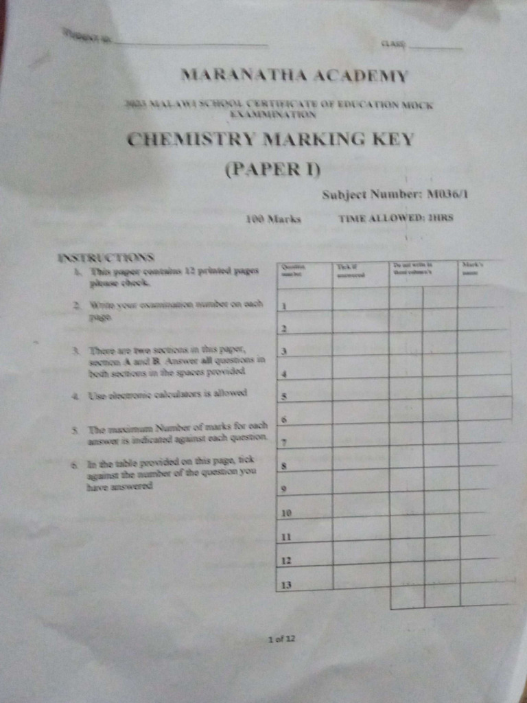 chemistry theory marking key fifth mock | PDF